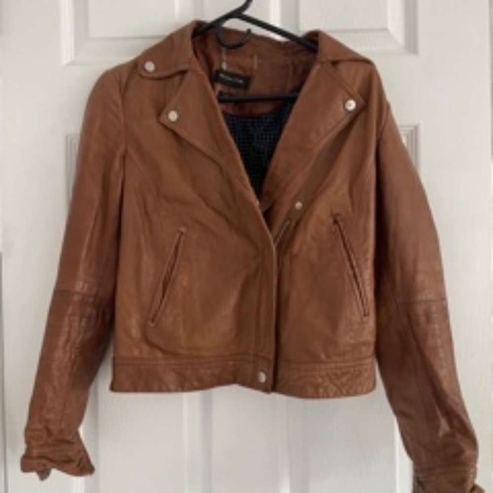 Tan Massimo Dutti Leather Biker Jacket